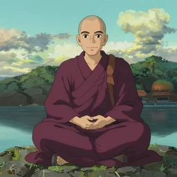 a wide shot film still portrait of a mauve old monk in matsushima bay, perfect art, grimdark, trending on pixiv fanbox, painted by studio ghibli