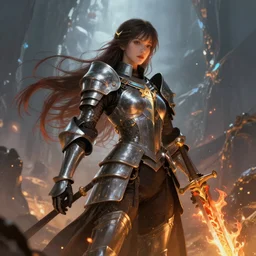 elaborately ultradetailed portrait of a gorgeous knight and her flaming sword, dreamscape, dramatic lighting, fantasy art illustration, trending on artstation, Aetherpunk