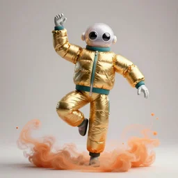 a single dancing slender figurine of a tall giant inflated space man wearing over sized gold teal puffy bomber jacket, long bendy arms and legs, googly eyes, tareme eyes, small head, personification, dynamic pose, detailed product photo, tone mapped, beautiful composition, orange mist swirling at feet, 8 5 mm, f 5. 8, soft lighting