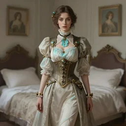 woman model, steampunk clothes, neutral colors, cyan light, in a bedroom!!!!!!!!!!!!!!!!!!!!, elegant, highly detailed, digital painting, artstation, concept art, smooth, sharp focus, illustration, art by krenz cushart and artem demura and alphonse mucha