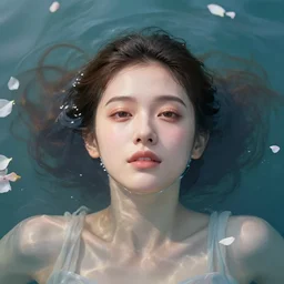 epic portrait of a girl floating in water with only her face and some hair visible, surrounded by loose petals, beautiful, unreal engine, high detail