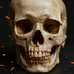 close - up, studio photographic portrait, dramatic skull, burning red hot sparks rise, fiery orange glowing flying particles, chiaroscuro, hyperrealism, accurate, detailed, regular, unembellished, natural, 7 5 mm, canon, by annie leibovitz
