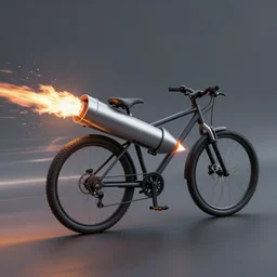a bicycle with a rocket engine attached to the back, flames and fire shooting out the back, light trails and motion blur, stylized photo