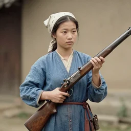 Young female Chinese peasant, holding a musket, 18th century, colour photograph