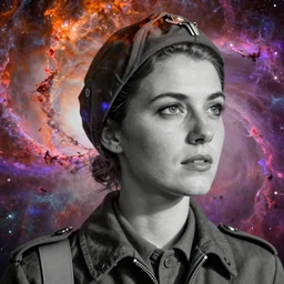 modern double exposure monochrome head shot portrait of a female wwii pilot over a brilliant iridescent nebula. orange, pink, purple color ombre.
