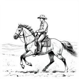 Cowboy on a horse at a full gallop in the SW desert, beautiful line art, ink illustration, sketch, pure b&w
