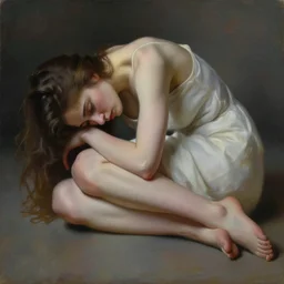 painting of sad woman in fetal position lying on the floor