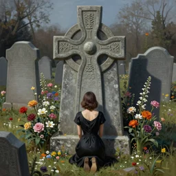 a beautiful detailed realistic matte painting close - up view of a large gravestone tombstone celtic cross surrounded by flowers and a woman wearing a black dress kneeling on the ground, centered, by sam yang and luis royo and wlop and frank frazetta