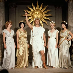a vintage 1 9 3 0 s kodachrome photograph of a avent - gard fashion haute couture collection opera ensemble inspired by the roman god apollo, the god of the sun.