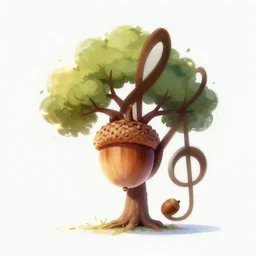 a digital painting of an acorn that turns into a tree in the shape of a treble clef with some light effects, dynamic, energetic, but minimal af