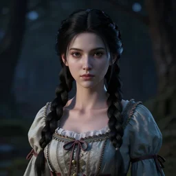 a beautiful, smooth octane render of a daughter of the moon clan, with long, black, braided hair. nightime, low light, dark forest. strong, dabbled light falls on her face. highly detailed, sharpness. victorian dress. hyper realistic. canon eos ef 5 0 mm.