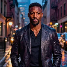 night flash portrait photography of idris elba on the lower east side by annie leibovitz, raining!!!, colorful!!, nighttime!!,