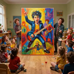 crazy dumbest kids in kindergarten around one big masterpiece painting in center of room, cinematic crazy colors, realistic shaded lighting poster by ilya kuvshinov, magali villeneuve, artgerm, jeremy lipkin and michael garmash and rob rey