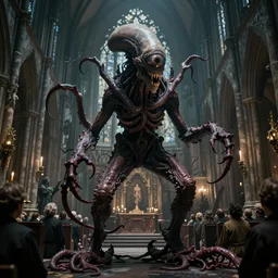 a lovecraftian tentacled alien mass of eyes, fangs and entrails, attacking a gothic church full of worshippers. film look, by carpenter. eerie light.