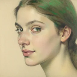 sandy brown, fern green by alessandro allori, by alena aenami ghostly. drawing of a woman's face in profile. she has high cheekbones, a strong jawline, & her hair is pulled back away from her face. she stares out at the viewer with a slight smile, her eyes half - lidded & her lips parted. there is a sense of calm & serenity about her.