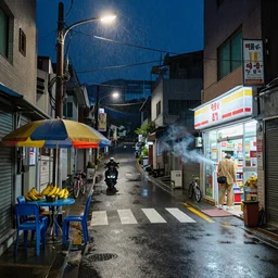City Street, Intersection, Storefront, alleyway, beer advertisement, bicycle in background, blue chairs, blue table, city street lights, clumps of bananas, colored light, colorful umbrella, convenience store, dark blue sky, dingy city street, exiting store, getting groceries, hilly road, korean writing, looking down street, moped, raining, smoking outside, tan suit, wet road, wet street, white shoes, wires hanging above street, wires in background, very high quality photography.