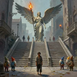 Painting of a fantasy city, two large stairs leads to a large woman statue with wings, this statue has wings on its back, the fire lights on its spear, in the foreground is a poor human, in the background are several people and gnomes walking on the streets