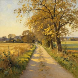 a beautiful country path, golden light , sense of awe, in the style of Samuel Palmer