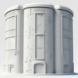 3 d sculpt of scifi cylindrical industrial building facade covered with greebles in the shape of a digital movie camera, maschinen krieger, starcraft, halo, star wars, ilm, star citizen halo, mass effect, starship troopers, elysium, the expanse, high tech industrial, artstation unreal