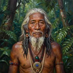a beautiful painting of a very old indigenous grand-father in the amazon jungle, visionary art, matte painting, ayahuasca, highly detailed