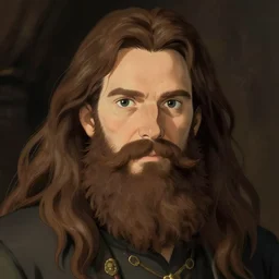 dacre montgomery portrait, long hair brown, full beard, art by studio ghibli and greg rutkowski and artgerm and ilya kuvshinov, portrait, d & d, fantasy, highly detailed, digital painting, headshot, trending on artstation, concept art, sharp focus, illustration
