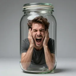 a man screaming locked inside a glass jar, photorealistic, hdr, studio photography
