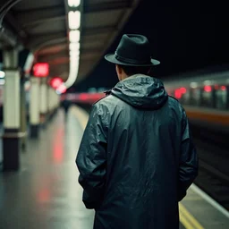 analog photograph of a man from the back wearing a raincoat and a hat in a train station platform at night by mark owen. red lights. bokeh. cinematic. hq. detailed. contrast. cinestill 8 0 0 t