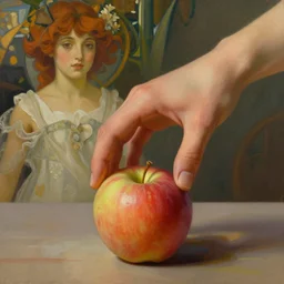 the hand is reaching for the apple, painting by Craig Mullins, 4k, octane, digital painting, artstation, concept art, sharp focus, illustration, art by artgerm and greg rutkowski and alphonse mucha,