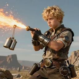 A blonde boy wearing steampunk wristband that launches out a grapple using steam canisters, epic fantasy art style HD