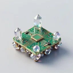 distant orthographic product photography framing. gem encrusted crystal scheme. digitally painted render of a small square fantasy vacuum - tube circuitboard made and powered by crystalline circuitry. trending on artstation. artificer's lab bg. premium print by angus mckie and james gurney. bismuth materials