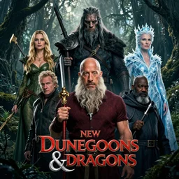 movie poster with vin diesel as gnome bard, steve buscemi as dark barbarian lord, margot robbie as forest druid, meryl streep as ice queen of the north and samuel l. jackson as cleric in the new dunegons & dragons style movie, greg rutkoski, fantasy, dnd, artstation, cinematic