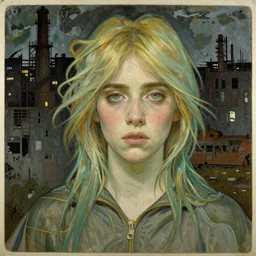 detailed portrait art nouveau painting of Billie Eilish as the goddess of an extremely moody abandoned industrial city at night, with anxious, piercing eyes, by Alphonse Mucha, Michael Whelan, William Adolphe Bouguereau, John Williams Waterhouse, and Donato Giancola