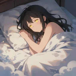 A realistic anime painting of a beautiful woman with glowing yellow gold eyes dreaming in a bed made of clouds. digital painting by Sakimichan, Makoto Shinkai, Rossdraws, Pixivs and Junji Ito, digital painting. trending on Pixiv. SFW version —H 1024