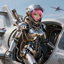 biomechanical fragile female steampunk skeletonized robot fighter pilot is a mechanical goddess with intricate shiny parts and pink hair and green eyes while helmet is posing in a jet cockpit with many pneumatic tubes and electric cables. background air combat. beautiful detailed photorealitic octane unreal depth of field