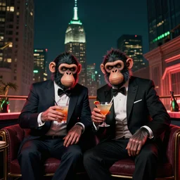 two apes dressed in suits posing in front of camera drinking a cocktail on a fancy new york roof top at night, extreme wide angle cinematic shot, fancy night club lights, red and green, in the style of pixar, ashley wood, robert valley - n 5