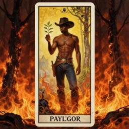 a dramatic fiery ethereal epic painting of a handsome! black cowboy offering a small plant | he is shirtless and wearing a hat and boots | background is a fiery! burnt burning forest | tarot card, art deco, art nouveau, homoerotic | by Mark Maggiori | trending on artstation