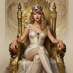 Taylor Swift sitting on a majestic throne wearing a crown, D&D style, fantasy, intricate, elegant, highly detailed, digital painting, artstation, concept art, matte, sharp focus, illustration, art by Artgerm and Greg Rutkowski and Alphonse Mucha
