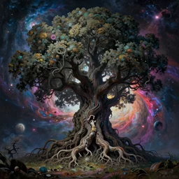 an enigmatic and terrifying painting of a cyberpunk sculpture by michelangelo colour, hyper detail, 8 k, one giant oak, universe, nebula, burst of colour, imaginary, roots, concept art, out of this world, depth, incredible depth