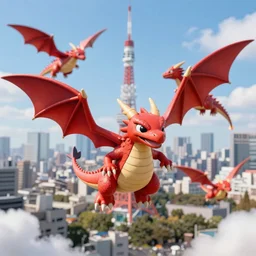 tiny cute red dragons flying on the skies of tokyo, photorealism, real photograph