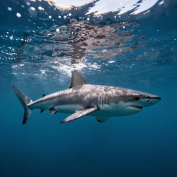 shark breaking the surface of the water, underwater photography with light scattering and water refractions, smooth