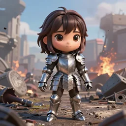 photorealistic 3 d cgi render, animated movie cinematic, a cute anime girl dressed in steel plate armor, exposed lifelike face, inside a wartorn battlefield, posed fullbody, vibrant, kawaii, wavy hair, atmospheric vfx, extremely detailed, sharp focus