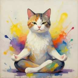 cat meditation portrait an oil painting splashes with many colors and shapes by gustav klimt greg rutkowski and alphonse mucha, polycount, generative art, psychedelic, fractalism, glitch art