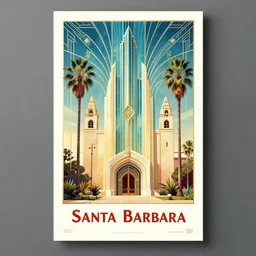 an art deco movie poster about santa barbara, california,