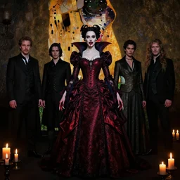 jennifer connelly vampire queen, sharp fangs, blood, full body, intricate victorian dress, digital art, cinematic lighting, studio quality, symmetrical eyes, artgerm, joshua middleton, rafael albuquerque, moody lighting, candles, art style by klimt, nixeu and ian sprigger and wlop and krenz cushart