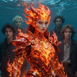hyperdetailed underwater portrait of a fire spirit in lava armor. by greg rutkowski, highly detailed, digital painting, artstation, smooth, sharp focus illustration, artstation hq. intricate, elegant. art by wlop and artgerm and greg rutkowski, alphonse mucha, medium shot. dan mumford, tomokazu matsuyama, takato yamamoto