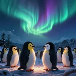Adorable Toon Penguins View the Northern Lights, art by Pixar Animation Studio