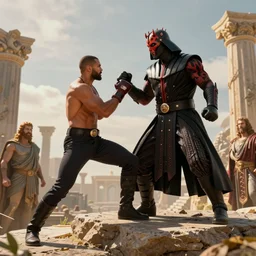 One punch man fighting Darth Maul on top of mount Olympus while all the Greek Gods watch in the background