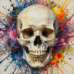 a splattered action painting by jackson pollock showing a skull, ultradetailed, fine art painting, peter mohrbacher, moebius, face carving, frottage, watercolor, acrylic, multilayered paint, spectacular splatter explosion, psychedelic art