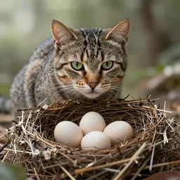 cat guarding it's eggs. big nest. wild, nature photography, david attenborough, strange, photograph, photorealistic