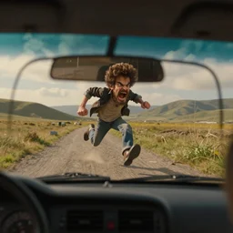a tiny angry bob ross screaming and running in rear view mirror